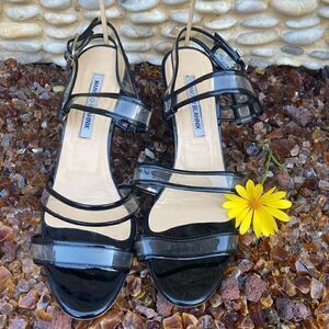 Manolo Blahnik Black & Clear Patent Leather Wedge Sandals. Size 7.5 (38). EUC!